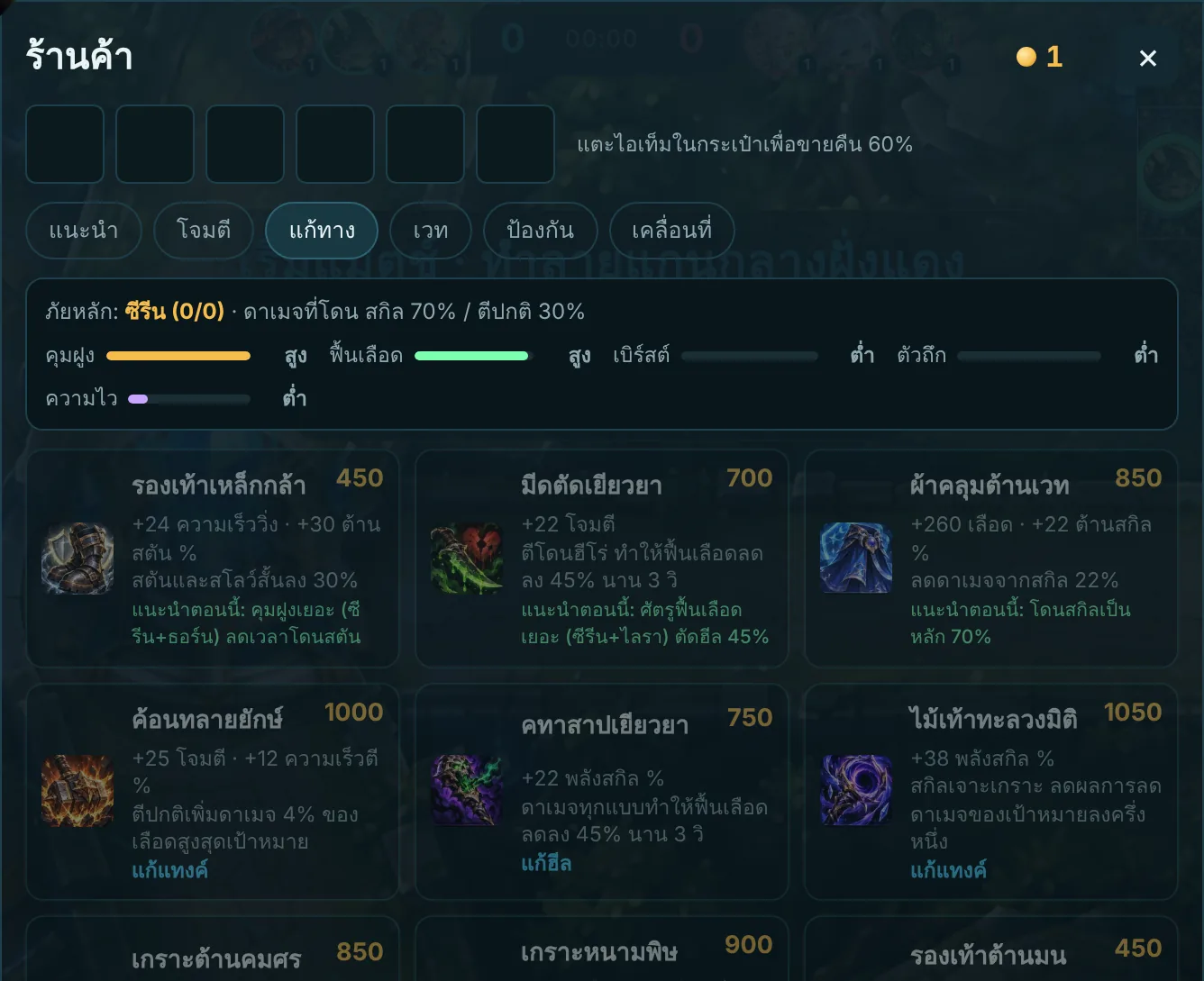หน้าร้านค้าในเกม แสดงการวิเคราะห์ทีมศัตรูและไอเทมแก้ทาง