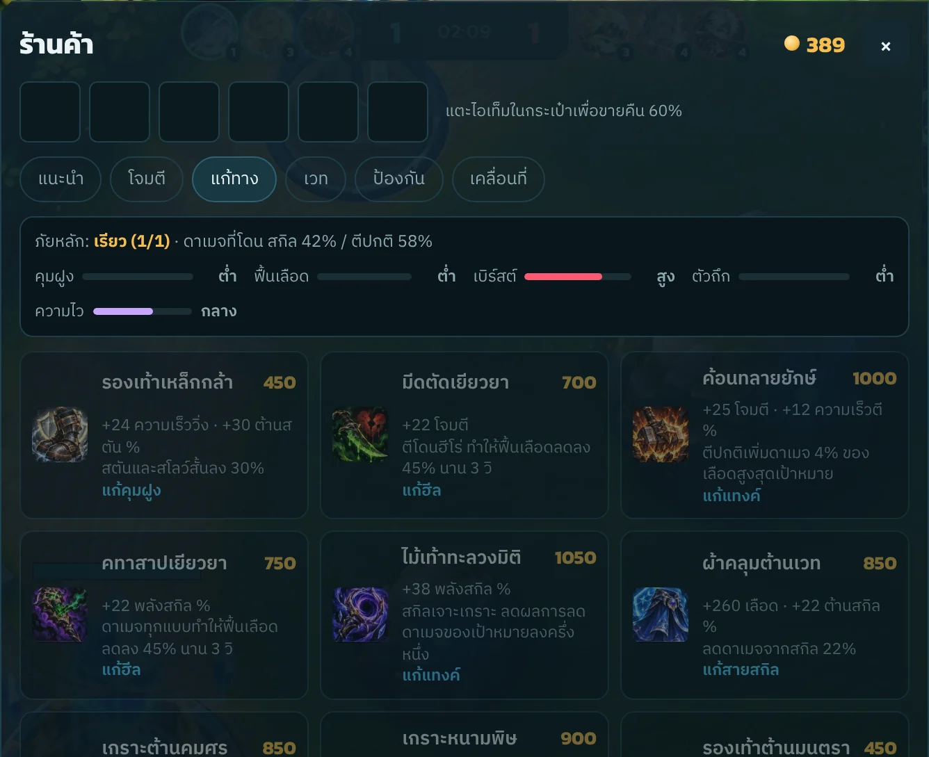 หน้าร้านค้าในเกม แสดงการวิเคราะห์ทีมศัตรูและไอเทมแก้ทาง